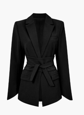 Basic Solid Notched Lapel Belted Blazer