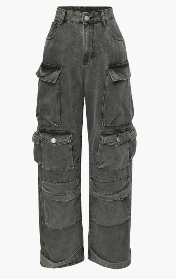 Multi Pocket Rolled Hem Wide Leg Cargo Jeans